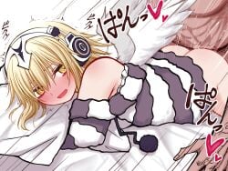 1boy angel_wings ass bare_shoulders bed_sheet blonde_hair blush fate/grand_order fate_(series) feathered_wings female headphones highres jeanne_d'arc_(fate) long_hair long_sleeves looking_back lying mcpc_zamurai metatron_jeanne_(fate) metatron_jeanne_(second_ascension)_(fate) on_stomach open_mouth pillow prone_bone sex sex_from_behind straight wings yellow_eyes