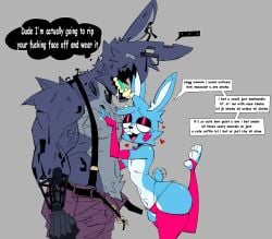anthro anthro_on_anthro blue_hair bonnie_(fnaf) drooling femboy five_nights_at_freddy's fnaf gay hairy muscular muscular_male overalls rabbit tagme text toy_bonnie_(fnaf) withered_bonnie xexeezy