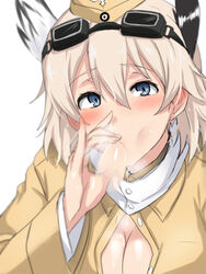 1boy animal_ears blonde_hair blue_eyes blush breasts censored cleavage clothing cum duo fellatio female garrison_cap goggles goggles_on_head hand_up handjob hat head_wings large_breasts military military_uniform oral penis raisa_pottgen sexually_suggestive short_hair smile solo_focus straight strike_witches ulrich_(tagaragakuin) uniform