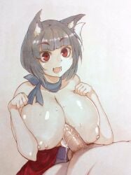 1boy 1girls adocchi_(code_01_ado) areolae azur_lane black_hair breasts cat_ears catgirl cleavage cum cum_between_breasts cum_on_breasts dress eyebrows_visible_through_hair huge_breasts light-skinned_female light-skinned_male light_skin male_pubic_hair nipples open_mouth paizuri penis pubic_hair red_eyebrows red_eyes sakura_empire_(azur_lane) yamashiro_(azur_lane) yamashiro_(dressy_black_cat)_(azur_lane)