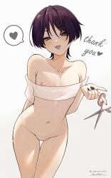 1boy 2d absurdres akumana androgynous bishounen black_nails blush commentary crop_top cuntboy english_commentary english_text genshin_impact heart highres holding holding_scissors intersex looking_at_viewer male male_focus navel nipples off-shoulder_shirt off_shoulder otoko_no_ko piercing purple_eyes purple_hair pussy scaramouche_(genshin_impact) scissors see-through_clothes see-through_shirt shirt short_hair simple_background solo spoken_heart sweat thank_you tongue tongue_out tongue_piercing variant_set white_background white_shirt