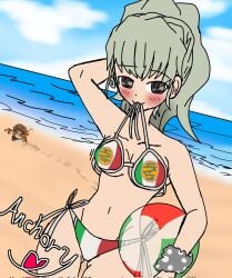anchovy anchovy_(girls_und_panzer) beach beach_ball blush brown_eyes crab ellen_rochefil girls_und_panzer hair italian_flag italian_flag_bikini looking_at_viewer posing_for_the_viewer seaside sky tagme text