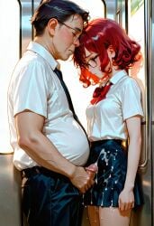 ai_generated cum_on_clothes cumshot morpholi original_character questionable_consent red_hair school_uniform schoolgirl train unwanted_cumshot