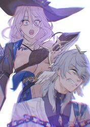 1girl angry areola_slip breasts female gnarlypzofbread hat honkai:_star_rail jade_(honkai:_star_rail) sunday_(honkai:_star_rail) surprised wardrobe_malfunction