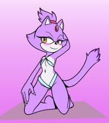 anthro bikini blaze_the_cat blush clothed clothing domestic_cat felid feline felis female forehead_gem fours_(artist) gem hand_behind_head hand_on_leg hand_on_thigh hi_res kneeling mammal orange_eyes purple_body sega skimpy solo sonic_(series) sonic_the_hedgehog_(series) swimwear tied_hair