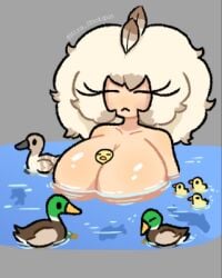 2d 2d_(artwork) 2d_artwork animal_between_breasts animal_humanoid animals artist_name between_breasts big_breasts bird bird_girl breasts breasts_bigger_than_head closed_eyes cute cute_face cute_female cute_girl duck duck_girl ducks eyelashes feather_hair_ornament feathers hira.shotgun huge_breasts in_water large_breasts light-skinned_female light_hair light_skin ms._madeylnn multiple_animals nipples_out_of_frame no_sex no_top shiny shiny_breasts shiny_skin short_hair twitter_username wet wet_body wholesome
