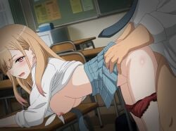 1boy arm_support artist_name bent_over bent_over_furniture blonde_hair blue_skirt blush breasts chair classroom clothed_sex clothes_lift commentary desk doggy_style dutch_angle earrings eufoniuz female from_side gyaru hanging_breasts highres indoors jewelry kitagawa_marin kogal large_breasts male necktie nipples open_mouth panties panty_pull pink_hair red_panties revision school school_chair school_desk school_uniform sex sex_from_behind shirt shirt_lift skirt skirt_lift solo_focus sono_bisque_doll_wa_koi_wo_suru standing standing_sex straight underwear white_shirt