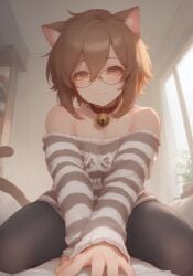 1boy :3 ai_generated bare_shoulders bell_collar black_tights blush brown_eyes brown_hair cat_ears cat_humanoid cat_tail catboy civitai collar cowgirl_position cute cute_face cute_male femboy glasses hair_between_eyes indoors long_sleeves looking_at_viewer male medium_hair on_top original pov smile striped_clothing sweater thick_thighs tights viewed_from_below yercyu
