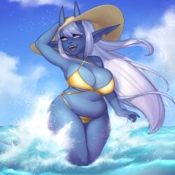 1girls big_breasts bikini blue_skin commission female female_only fi_(regret_everything) freckles gold_bikini hand_on_head horns imaginaricide legs_in_water long_hair looking_away open_mouth pointy_ears purple_eyes sea smile solo straw_hat thick_thighs very_high_resolution weaponized_thickness white_hair wide_hips