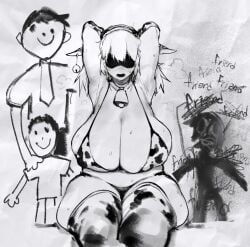 arms_behind_head big_ass big_breasts blindfold blindfolded cow_bell cow_ears cow_girl cow_print doppel horror mother sagging_breasts white_hair