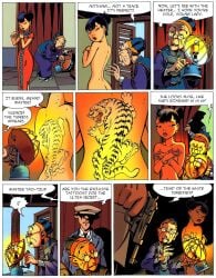 1girls 2007 2boys asian asian_female asian_male ass back back_tattoo black_hair caucasian_male clothed clothed_female clothed_male clothed_male_nude_female cmnf comic comic_page covering_breasts dargaud dialogue dider_conrad embarrassed embarrassed_nude_female female lamp light-skin light-skinned_female light-skinned_male male naked naked_female nude nude_female only_one_naked tattoo tiger_tattoo tigress_blanche yann