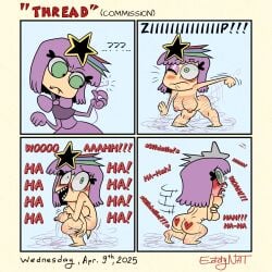 4koma areolae ass barefoot blush breasts comic commission covering covering_breasts covering_crotch covering_self eddy_nat ellie_(eddy_nat) embarrassed embarrassed_nude_female enf english_text feet female female_only full-face_blush green_eyes hair_ornament heart heart_on_butt holding_own_breast humiliation laugh laughing light-skinned_female light_skin naked nervous_smile nipples nude nude_female offscreen_character onomatopoeia purple_hair removing_clothing solo solo_female text thread wardrobe_malfunction