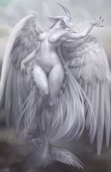 6_eyes angel ankle_wings anthro breasts cloud feathered_wings feathers female floating fur genitals hair horn long_hair multi_eye nazena_ra nipples nude nude_anthro nude_female pussy solo unusual_wing_placement white_body white_feathers white_fur white_hair wings