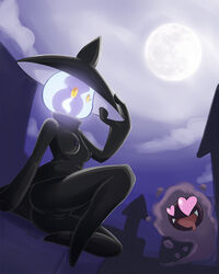 ambiguous_gender anthro breasts clothing dragontheshadows dutch_angle female full_moon gastly heart hi_res lamp lampent metal moon night nintendo open_mouth outside pokemon pussy shadowill skirt smile video_games wall yellow_eyes