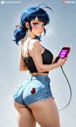 1girls ai_generated bare_arms bare_legs bare_shoulders bare_thighs blue_eyes blue_hair breasts crop_top disney disney_channel earring eyebrows eyelashes eyeliner eyeshadow female hi_res holding_phone jean_shorts ladybug_(character) large_ass large_breasts looking_at_viewer marinette_cheng marinette_dupain-cheng miraculous:_tales_of_ladybug_and_cat_noir miraculous_ladybug phone short_shorts solo solo_female solo_focus standing thick_thighs twintails waifufamily