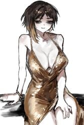 1girls 2d binah binah_(project_moon) breasts dress female fully_clothed golden_dress hand_on_thigh highres kisaaka lobotomy_corporation looking_at_viewer mommy project_moon thick_thighs thighs
