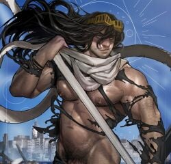 1boy aizawa_shouta alternate_muscle_size arm_hair bara beard_stubble black_hair boku_no_hero_academia chest_hair cropped eraserhead facial_hair highres large_pectorals long_hair male male_focus male_only male_pubic_hair navel nude paid_reward_available pectorals penis_out_of_frame pubic_hair solo stubble torn_clothes veins zenpei zenpei4