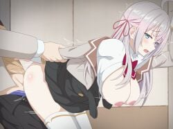1boy ahoge alisa_mikhailovna_kujou arm_held_back artist_name bent_over black_skirt black_vest blush bow bowtie breasts breasts_out buttons clothed_sex clothes_lift collared_shirt commentary_request double-breasted eufoniuz female grabbing_another's_arm green_eyes grey_jacket groin hair_ribbon half-closed_eyes hanging_breasts highres holding_another's_arm indoors jacket lapels large_breasts long_hair male motion_lines nipples no_panties notched_lapels open_mouth paid_reward_available red_bow red_bowtie red_ribbon revision ribbon school_uniform seiren_academy_school_uniform sex sex_from_behind shirt skirt skirt_lift standing standing_sex straight subscribestar_username thighhighs thighs tokidoki_bosotto_roshia-go_de_dereru_tonari_no_alya-san vest web_address white_hair white_shirt white_thighhighs