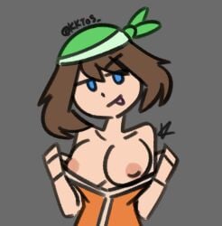 :p bandana blue_eyes boob_focus boobs_out breast_focus breasts breasts breasts_out brown_hair flashing flashing_breasts green_bandana kkt05 may_(pokemon) may_(pokemon_emerald)