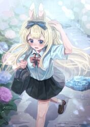 animal_ears bag bangs black_skirt blonde_hair blue_bow blue_eyes blush bow bunny_ears female flower hair_ribbon hairbow hydrangea loafers long_hair open_mouth pleated_skirt rain ribbon school_bag school_uniform shirt shoes skirt socks solo standing very_long_hair vyugen water wet wet_clothes white_legwear yenko