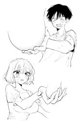 1boy 1girls balls big_breasts blush breasts curious female holding male mmk nervous straight tagme touching_balls touching_breast