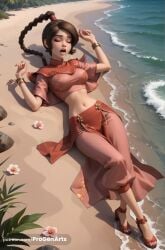 1girls ai_generated artist_name avatar_legends avatar_the_last_airbender beach bracelet braid breasts brown_hair closed_eyes crop_top eyeshadow female flower full_body hi_res jewelry long_hair lying makeup medium_breasts midriff navel nickelodeon nicktoons on_back open_mouth outdoors pants progenarts sand sandals shirt short_sleeves single_braid skirt solo stomach teeth ty_lee water