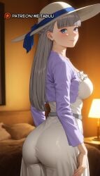 ass bed bedroomlawine_(sousou_no_frieren) belt blue_eyes blunt_bangs blush braid breasts closed_mouth cropped_jacket dress female frieren_beyond_journey's_end frills from_behind grey_hair hat hat_ribbon indoors jacket lamp large_breasts long_hair long_sleeves looking_at_viewer looking_back meitabuu on_bed patreon_username pillow purple_jacket ribbon smile solo sousou_no_frieren sun_hat white_dress white_headwear