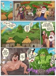 cave_pussy comic_page cumming differland diforland earthquake extreme_size_difference giantess green_hair green_skin mother_nature mountain mountain_girl mountain_woman original parody plant_hair size_difference text_bubble
