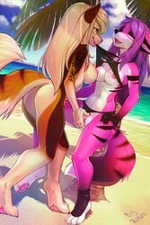 2015 anthro beach breasts canine clothing digitigrade duo female female_only fox gradie hi_res iskra leaves mammal nipples nude panties pussy_juice seaside selene_leni shirt underwear yuri