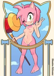 2025 absurd_res amy_rose anthro bonnet breasts clothing dioniso_kitsune eulipotyphlan female genitals gesture hair hammer hand_gesture headgear headwear hedgehog hi_res holding_object holding_weapon looking_at_viewer mammal nipples nude one_eye_closed pink_body pussy sega short_hair smile solo sonic_the_hedgehog_(series) tools v_sign weapon wink