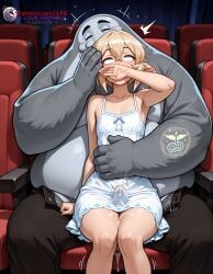 1boy 1male abuse abused age_difference ai_generated balls blonde_hair blue_eyes cinema crossdressing cum cum_through cum_through_clothes cumshot daddy daddy_kink dress dressed femboy flat_chest high_resolution highres medium_hair more_at_source original original_character otoko_no_ko petite petite_body petite_male rape raped_by_monster short_stack size_difference skirt testicles trap young younger younger_male