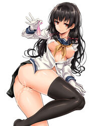 ass asymmetrical_legwear black_hair black_legwear blush breasts condom cum cum_in_pussy female gloves hair_ribbon harino646 highres isokaze_(kantai_collection) kantai_collection long_hair looking_at_viewer lying nipples no_bra no_panties on_side open_clothes open_shirt pleated_skirt red_eyes ribbon school_uniform serafuku shirt single_thighhigh skirt smile solo thighhighs tress_ribbon used_condom white_gloves