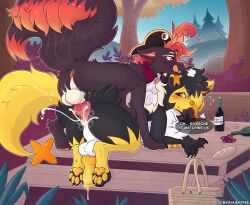 absurd_res alcohol anal animal_genitalia animal_penis anus beverage bread canid canine canine_genitalia canine_penis duo dusk_lycanroc english_text felid feline feral food forest generation_1_pokemon generation_4_pokemon generation_7_pokemon genitals hi_res hybrid knot luxray lycanroc male male/male mammal ninetales nintendo penis picnic plant pokemon pokemon_(species) text tree vikhuskffee wine
