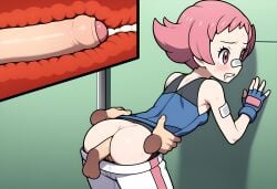 1boy 1girls ai_generated anal anal_sex ass balls blk9201 blush cross_section cum cum_in_ass cum_inside disembodied_hand disembodied_hands disembodied_penis exposed_ass exposed_pussy female hands_against_wall hands_on_another's_hips male maylene_(pokemon) pants_down pokemon pokemon_(species) pokephilia rectum testicles white_pants