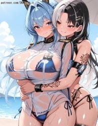 2girls ai_generated arm_tattoo bangs bare_shoulders beach bikini bikini_bottom bikini_under_clothes black_hair black_swimsuit blue_bikini blue_eyes blue_hair blue_sky blue_swimsuit blush breast-to-breast breast_press breasts cleavage closed_mouth clothing cloud day ear_piercing earrings embracing female goddess_of_victory:_nikke grin hair_intakes hair_ornament helm_(nikke) highleg highleg_bikini highleg_swimsuit hug huge_breasts hugged_from_behind jewelry large_breasts leg_tattoo long_hair looking_at_another mole multicolored_hair multiple_girls navel ocean outdoors parted_bangs piercing red_eyes rosanna_(nikke) see-through see-through_shirt shirt shoulder_tattoo side-tie_bikini side-tie_bikini_bottom side-tie_clothing side-tie_swimsuit skindentation skn_(skn_s_k_n) sky smile standing swimsuit swimsuit_under_clothes tattoo thigh_strap thighs two-tone_hair uniform water wet wet_clothes wet_shirt white_hair white_shirt yuri