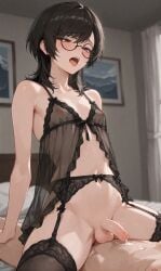 anal babydoll bedroom black-framed_eyewear black_babydoll blush dark_brown_eyes female flaccid flat_chest foreskin futanari futanari garter garter_belt lingerie mature medium_hair no_panties open_mouth orgasm penis riding round_eyewear sex skinny small_penis stockings straddling strap swept_bangs thick_hair,black_hair tiny_mouth tongue voluminous_hair white_bed wolf_cut