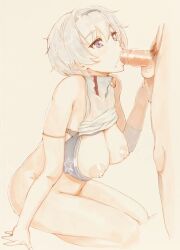 1boy 1girls 2d adocchi_(code_01_ado) areolae azur_lane blowjob breasts broken_arm eagle_union_(azur_lane) fellatio female grey_hair huge_breasts light-skinned_female light-skinned_male light_skin male male_pubic_hair nipples penis pubic_hair purple_eyes reno_(azur_lane) reno_(biggest_little_cheerleader)_(azur_lane)