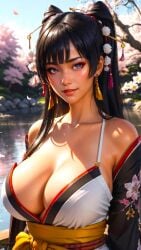 0assult0 ai_generated asian bare_shoulders beautiful_females black_hair black_kimono busty cleavage curvy_figure dead_or_alive eye_shadow eyelashes fantasy fighting_game golden_week hair_ornament holidays japanese_clothes jewelry lake large_breasts nature_background nyotengu obi off_shoulder_kimono oiran seductive seductive_eyes smiling_at_viewer team_ninja tecmo upper_body video_game_character video_game_franchise video_games voluptuous_female white_dress