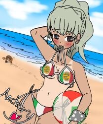 anchovy anchovy_(girls_und_panzer) beach beach_ball blush brown_eyes crab ellen_rochefil girls_und_panzer hair italian_flag italian_flag_bikini looking_at_viewer posing_for_the_viewer seaside sky tagme tan_body text