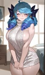 1girl ai_generated bedroom blue_hair blush closed_eyes covering_crotch cowboy_shot curvaceous drill_hair eyelashes eyeliner gwen_(league_of_legends) hairbow happy indoors large_breasts league_of_legends league_of_legends:_wild_rift lud0vicc makeup pale_skin riot_games shiny_skin sideboob smile sweater sweater_dress thick_thighs turtleneck_sweater twin_drills twintails virgin_killer_sweater white_sweater