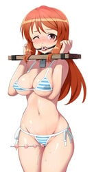 asahina_mikuru ball_gag bikini blush bondage bound breasts collar crotch_rope female gag gagged pillory pussy_juice rope_walking shin'ya_(shin'yanchi) simple_background solo striped striped_bikini striped_swimsuit suzumiya_haruhi_no_yuuutsu swimsuit underboob white_background