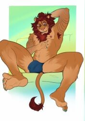 anthro armpit_hair balls_outline body_hair bulge claws clothing detailed_bulge eyewear feet felid fur genital_outline glasses hi_res lion male mammal mane markings nipples one_eye_closed orange_body orange_fur pantherine penis_outline pink_nose solo tail taru_psd toe_claws underwear