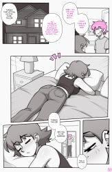 1boy 1girls ass bed comic comic_page dialogue dross light-skinned_male light_skin male monochrome pink_hair roxanne_(dross) tagme taylor_(dross)