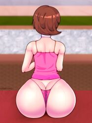 1girls alternate_version_available altus ass back back_view big_ass bottomwear brown_hair bubble_ass bubble_butt choker clothing female female_only hair huge_ass karfound neckwear persona persona_3 pink_thong solo solo_female sweat sweatdrop thong topwear yukari_takeba