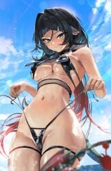 absurdres alternate_costume animal_ears bare_shoulders bikini black_bikini black_hair blue_sky blurry blurry_foreground breasts closed_mouth commentary cowboy_shot crab day english_commentary female green_eyes highleg highleg_bikini highres jane_doe_(zenless_zone_zero) long_hair looking_at_viewer medium_breasts meltyrice mouse_ears mouse_girl mouse_tail multicolored_hair navel outdoors red_hair sharp_tail sky smile solo stomach strap_pull swimsuit tail thighs two-tone_hair underboob zenless_zone_zero