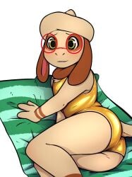 absurd_res anthro ass blush clothing eyewear female generation_2_pokemon glasses hi_res looking_at_viewer mimi_(mr.smile) mr.smile nintendo one-piece_swimsuit pokemon pokemon_(species) smeargle solo swimwear towel