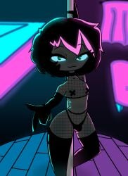 black_hair femboy green_eyes grey_skin ilterpng inviting latex latex_gloves latex_legwear neon neon_lights original_character seductive seductive_look stripper stripper_pole