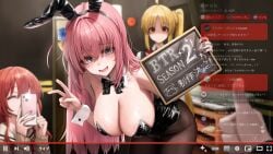4girls absurdres animal_ear_hairband animal_ears black_bow black_bowtie black_leotard blonde_hair blue_eyes bocchi_the_rock! bow bowtie breasts brown_pantyhose chat_log cube_hair_ornament drizz fake_animal_ears fake_screenshot fake_video female gotou_hitori hair_ornament hairband highres holding holding_sign ijichi_nijika kessoku_band kita_ikuyo large_breasts leotard livestream long_hair multiple_girls one_side_up pantyhose pink_hair playboy_bunny rabbit_ear_hairband rabbit_ears red_hair side_ponytail sign taking_picture thumbs_up translation_request v very_long_hair yamada_ryou