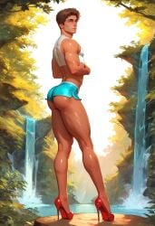 ai_generated ass big_ass big_butt blue_shorts booty_shorts boy brown_hair bubble_ass bubble_butt closed_mouth crop_top hands_on_stomach hazel_eyes heels high_heels looking_at_viewer looking_back male outdoors plump_ass red_footwear red_heels round_ass round_butt shiny_skin short_shorts solo standing tallcallipygian tcallipygian thick_thighs thighs tree water waterfall white_topwear