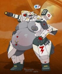 1girls 2022 2d 4_fingers antenna_wire anthro artist_name asymmetrical_armor battlezone belly_markings big_areola big_belly breasts breasts_on_belly cannon chevron_(marking) dark_sclera dated fanart female gigantic_breasts glands_of_montgomery green_highlights grey_body hand_on_belly hand_on_hip hazard_stripes heavy_breasts helmet huge_belly huge_breasts lightning_bolt_symbol lights living_machine living_tank living_vehicle looking_at_viewer military military_vehicle missile_launcher navel navel_pendant navel_piercing nipple_piercing nipple_spikes popped_navel pregnant pregnant_female puffy_areola red_belly red_eyes red_star saturn_(planet) sharp_teeth shewantsthejoystick shoulder_cannon solo speech_bubble tankmorph thick_thighs thrusters triangle_(marking) two_tone_breasts what white_armor